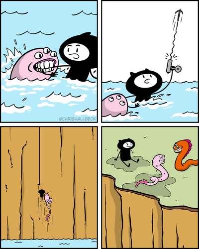 [The Traveler is splashing around in the ocean while a pink three eyed creature bites onto their arm.]

[With their free arm, The Traveler shoots a grappling hook device up into the air.]

[The Traveler and the creature are pulled up a cliff face.]

[At the top of the cliff, the pink creature is happily reunited with their partner as The Traveler watches.]