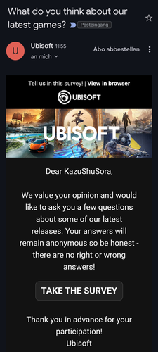 Ubisoft asking me to tell them how I feel about their latest releases via email.