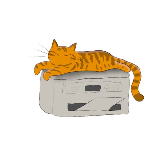 A cartoon of an orange cat sleeping on a printer.
