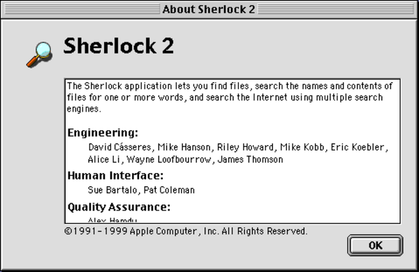 The About screen for Sherlock 2, noting that one James Thomson is listed amongst the engineers.