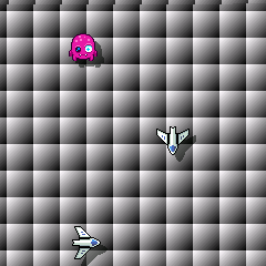 A squid and two little spacehsips. They are casting shadows on a sort of tile background.