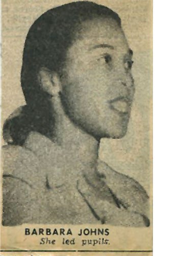 Photograph of girl from yellowed newspaper article with caption "Barbara Johns: She Led Pupils"
