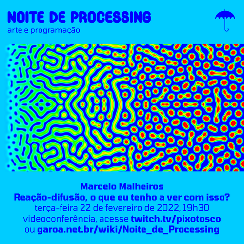 flyer for Noite de Processing showing an brightly coloured pattern generated by simulation