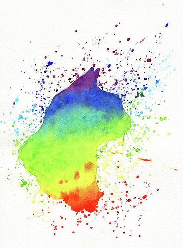 Rainbow Cat is a colourful watercolour painting in portrait format painted by the artist Karen Kaspar. It shows the head of a cat as a silhouette in bright colours of the rainbow red, orange, yellow, green, blue and violet. The cat is looking to the right.  The silhouette is surrounded by splashes of colour. The picture is also excellent for decorating a child's room. 