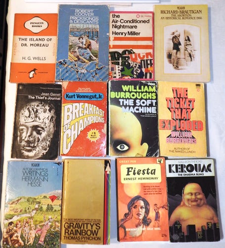 A selection of old paperbacks ranging from the 1940s to 1970s. Authors include: Hemingway, Kerouac, Miller, Wells, Coover, Genet, Hesse, Vonnegut, Brautigan, Burroughs
