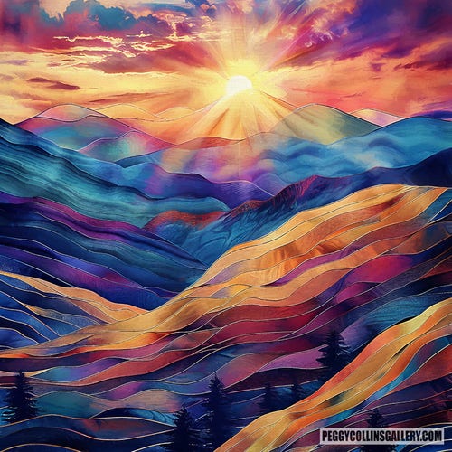 Colorful artwork of a sun rising over a landscape of mountains, hill and trees, by artist Peggy Collins.