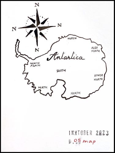 Map of Antartica showing the south near the middle and north everywhere else. 