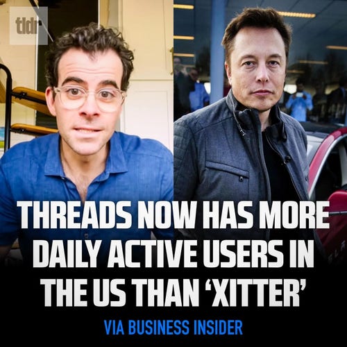 Picture of an unknown guy in glasses next to a picture of Elon Musk.
Text: Threads now has more daily active users in the US than 'Xitter'.
Via Business Insider 