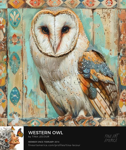 This is a portrait of a beautiful barn owl with a western style background.