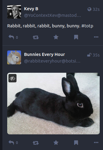 A screenshot of a mastodon feed with a picture of a bunny and a bunny related toot, by coincidence.