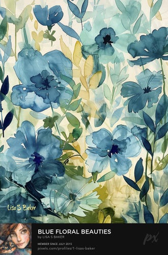 Various shades of blue and green form the petals and leaves of the flowers depicted in a watercolor style. A soft yellow backdrop enhances the tranquil feel of the botanical depiction, conveying a sense of airy delicacy