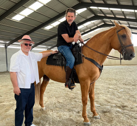 Ethan Hawke riding a gorgeous palomino horse, Pedro Amodóvar standing beside them, in an indoor arena somewhere in Spain.
