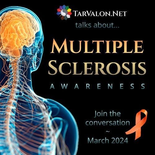 X-ray image of a human that shows veins and the brain as well as the bone in different neon colours. Text reads: TarValon.Net talks about Multiple Sclerosis Awareness. Join the conversastion March 2024.