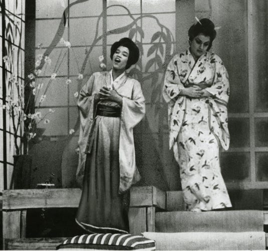  Camilla Williams as Cio-Cio San in Madame Butterfly, along with another singer. Both are dressed in kimonos. 