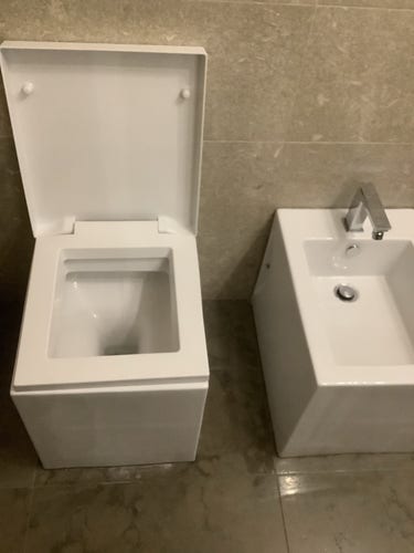 A square toilet beside a square bidet. Seriously, the seat is square.