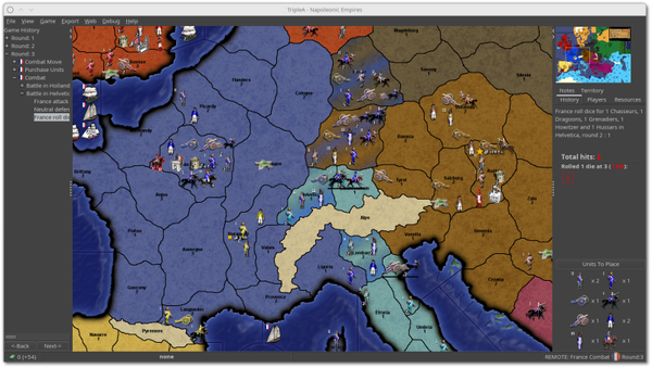 🕶️ A view of a WWII map of Western Europe with various land and naval units positioned on the map.

📚️ TripleA is a libre, multi-platform, single-player (AI) / multiplayer (hotseat, email / forum or online), turn-based grand strategy game and engine for playing different types of games such as Axis and Allies (with which it is delivered) and more than 170 others created by the community (separate downloads). If you like games in which you move small pieces, roll dice, and conquer enemy territories, TripleA is for you!