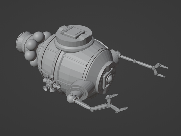 A Blender build of a maintenance pod for my interstellar ship. It's a barrel shaped unit, with an engine at the rear, and manoeuvring jets at each side. At the front, two articulated grappling arms protrude.