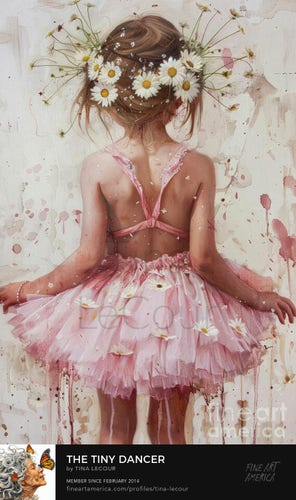 This is a portrait of the backside of a little girl dancer dressed in a pink tutu with daisy flowers in her hair. 