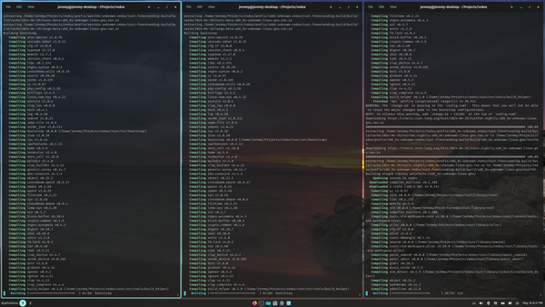 Three terminal windows tiled. On the left, rustc being built for aarch64 Redox. In the middle, rustc being built for i686 Redox. On the right, rustc being built for x86_64 Redox.