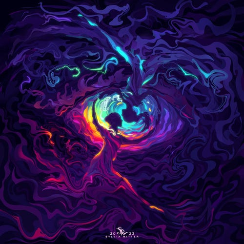 Album Art for Fight or Dance's Step Your Mind, https://fightordance.com/. Two dynamic figures are emerging from the clouds, swirling around each other against a colorful eye-shaped background. https://www.deviantart.com/sylviaritter/art/Album-Art-for-Fight-or-Dance-s-Step-Your-Mind-962120042