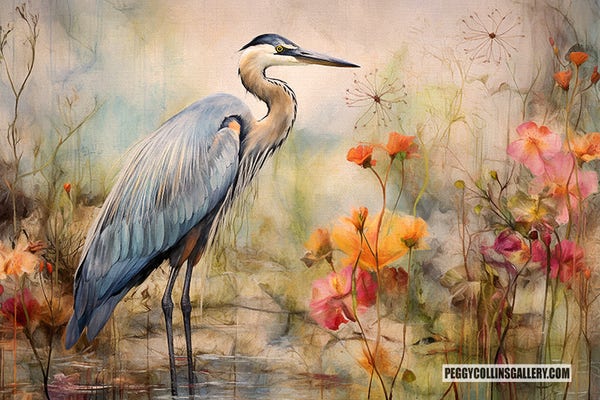Artwork of a great blue heron in dreamy fantasy wetlands with flowers, by artist Peggy Collins.