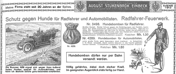 Faksimile einer Anzeige aus 1912: Schutz gegen Hunde für Radfahrer und Automobilisten. Radfahrer-Feuerwerk … Hundebomben dürfen nur per Bahn versandt werden.