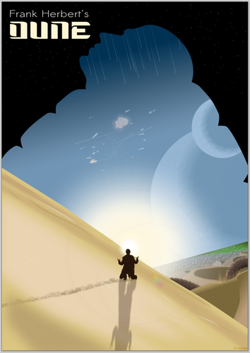 The silhouette of a man, kneeling on a sand dune, looking at a space battle far away in the sky, aside of two moons. A sand worm and a forest can be seen in the background landscape. The scene is encompassed in a black stencil of a man face looking up, with his body looking like worm's rings. The poster reads "Frank Herbert's Dune".