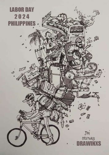 Disegno di un ciclista che porta sulle spalle un mucchio di cose, a cominciare da del cibo, continuando cin scene di  vita quotidiana, e in cima a tutto un'autostrada trafficata.

Una scritta recita: " labor day 2024 Philippines "