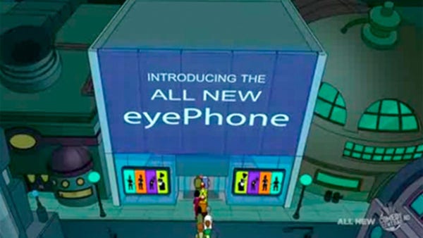 Screenshot from Futurama. A line of people outside a store with a sign reading, “introducing the all new eye phone.” Eye is spelled E Y E.