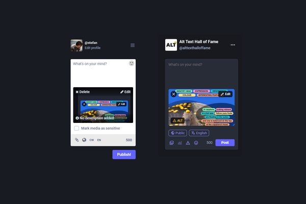 A comparison of the post compose form between Mastodon version 4.2.8 (left) and the nightly version running on mastodon.social (right).

On the left, with an image uploaded to your post, a dimmed out note says: "No description added", preceded by a lowercase "i" icon.

On the right, the icon is a triangle, and the all-caps text saying "ALT" is orange, standing out more.
