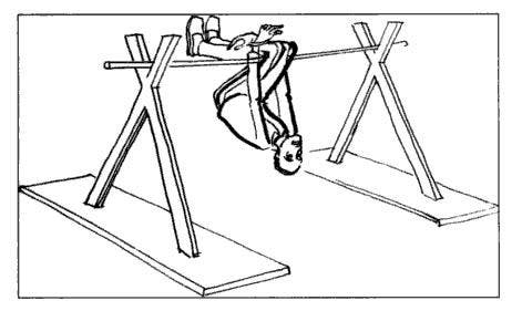 Illustration of the Stalin swing torture method where a handcuffed person is hanged in his knees from a bar, completely defenseless.
Illustration source: http://www.holocaustresearchproject.org/othercamps/boger.html