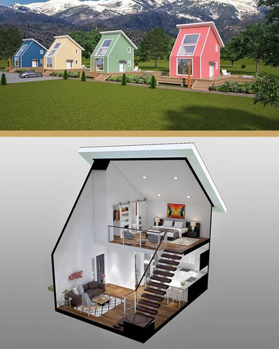 2 panel Tiny home rendering with removed walls to see inside, and a section illustrating 4 home exteriors in a put together landscape.