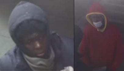 Surveillance photos of two men sought for two store robberies in Hyde Park, one in a blue hoodie, the other in a red hoodie
