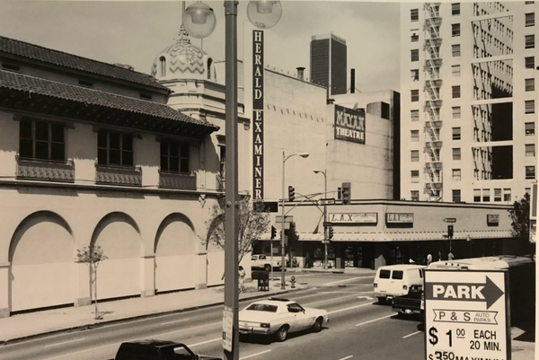 In downtown Los Angeles, 1993, by the Herald Examiner building and the Mayan Theater - and a $1.25 parking lot.