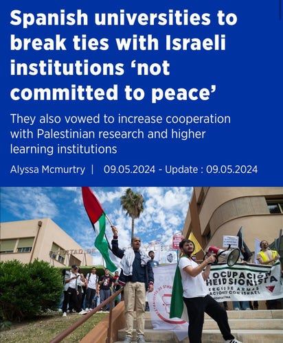 Spanish universities to break ties with Israeli institutions 'not committed to peace' They also vowed to increase cooperation with Palestinian research and higher learning institutions
Alyssa Mcmurtry |
09.05.2024 - Update: 09.05.2024