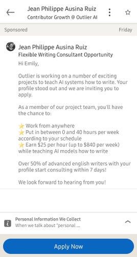A LinkedIn sales message from a company called Outlier, inviting me to be a AI trainer, teaching it how to write for $25 an hour.