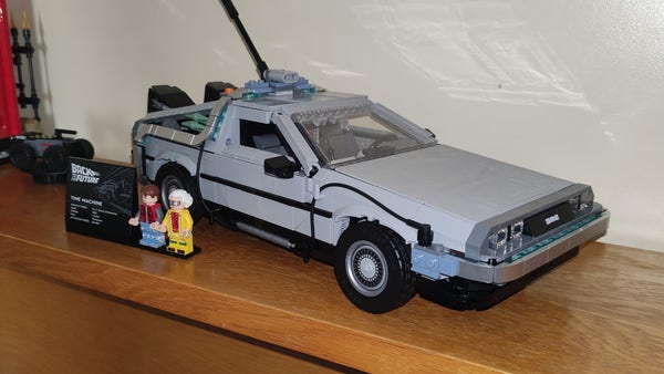 The Lego Back to the Future DeLorean model. It's currently in film one mode with the long lightning rod emerging from the back.