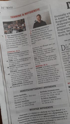 Zeitungsausschnitt Kleine Zeitung Bezirk Weiz mit Hinweis auf meinen morgigen Vortrag über Demokratie und Social Media 