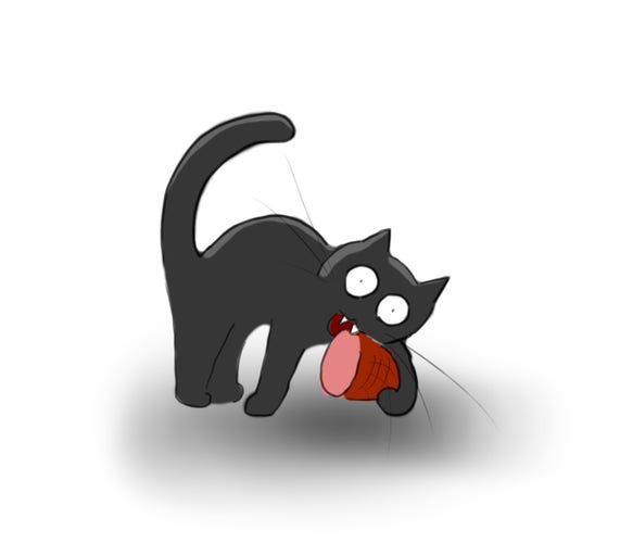 A cartoon of a black cat taking a big bite out of an entire ham.