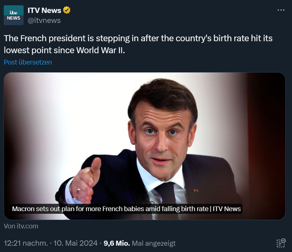 Headline: "The French president is stepping in after the country's birth rate hit its lowest point since World War II"