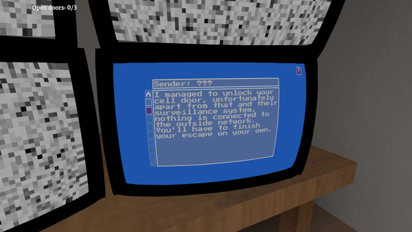 A screenshot of the CCTVs point'n'click game, showing the "emails" sent by the external hacker trying to help you.