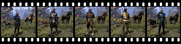 Five alternate characters from the Elder Scrolls Online.  The image resembles a filmstrip, with white cutouts along the top and bottom.  Most of the images have a character in the center, with a horse to the left of the character and, usually, a dog to the right.