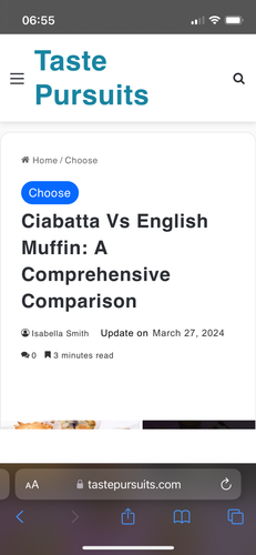 Screen shot of tastepursuits.com’s article about Ciabatta vs English Muffin. It uses the same template as the others.