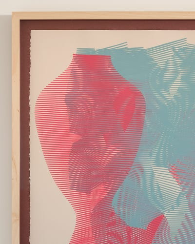 Closeup of an abstract painting produced by a robotic pen plotter using a generative algorithm. Red and blue ink on tan paper.