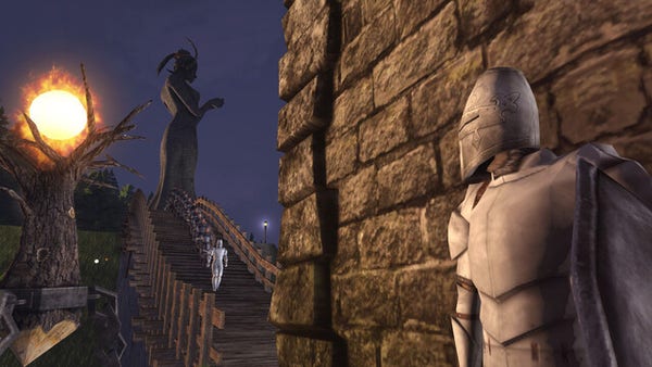 🕶️ A foreground view of a player in armor, hidden behind a wall under the cover of night, while in the background a nearby guard column crosses a wooden bridge.

📚️ Wurm Online is a free-to-play (freemium) 3D medieval fantasy Sandbox MMORPG, giving players great freedom: no character classes, no prefabricated quests or environments. Instead, players have the opportunity to choose their own direction and train to any level they wish in a world entirely built and maintained by the players who inhabit it. The paid version (100 skill levels vs. 20) leads to very significant advantages. The free version gives you a good idea of the gaming experience.