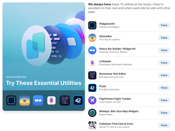 A screenshot of the visionOS App Store: Try These Essential Utilities.