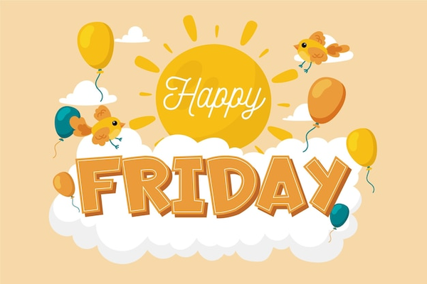 An image with a light yellow background and the words happy Friday. There is a sun, two birds and some balloons around the image as well as the word Friday being inside of a cloud.