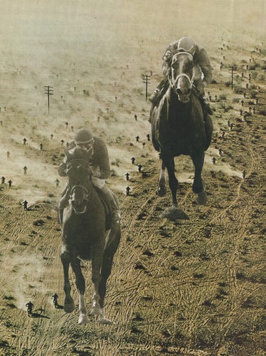two jockeys on horses race over a field of motorcyclists in the dust