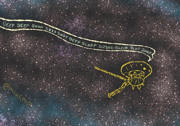 A comic panel of the Voyager 1 spacecraft smiling and relaying a bunch of sound effects in a speech bubble while traveling in a field of stars. 