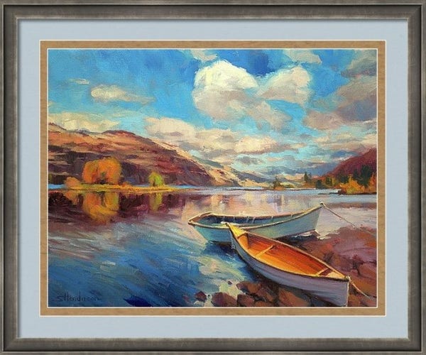 Framed print of an original oil painting by Steve Henderson depicting two boats banked on the shores of a river.